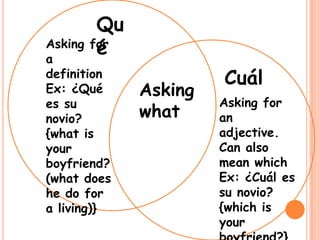 Qu
        é
Asking for
a
definition
                      Cuál
Ex: ¿Qué     Asking
es su                 Asking for
novio?       what     an
{what is              adjective.
your                  Can also
boyfriend?            mean which
(what does            Ex: ¿Cuál es
he do for             su novio?
a living)}            {which is
                      your
 