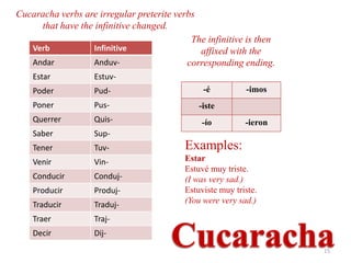 Cucaracha verbs are irregular preterite verbs
     that have the infinitive changed.
                                            The infinitive is then
   Verb            Infinitive                 affixed with the
   Andar           Anduv-                  corresponding ending.
    Estar          Estuv-
    Poder          Pud-                         -é          -imos
    Poner          Pus-                        -iste
    Querrer        Quis-                       -ío          -ieron
    Saber          Sup-
    Tener          Tuv-                    Examples:
    Venir          Vin-                    Estar
                                           Estuvé muy triste.
    Conducir       Conduj-                 (I was very sad.)
    Producir       Produj-                 Estuviste muy triste.
    Traducir       Traduj-                 (You were very sad.)

    Traer          Traj-
    Decir          Dij-
                                                                     15
 