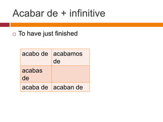 Acabar de + infinitive
   To have just finished


     acabo de acabamos
              de
     acabas
     de
     acaba de acaban de
 