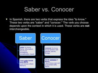 Saber vs. Conocer In Spanish, there are two verbs that express the idea "to know." These two verbs are "saber" and "conocer." The verb you choose depends upon the context in which it is used. These verbs are  not  interchangeable. 