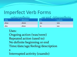 Imperfect Verb Forms
aba            ábamos       ía         íamos
abas           abais        ías        íais
aba            aban         ía         ían

       Uses:
       Ongoing action (was/were)
       Repeated action (used to)
       No definite beginning or end
       Time/date/age/feeling/description
       s
       Interrupted activity (cuando)
 