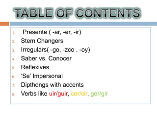1.    Presente ( -ar, -er, -ir)
2.   Stem Changers
3.   Irregulars( -go, -zco , -oy)
4.   Saber vs. Conocer
5.   Reflexives
6.   „Se‟ Impersonal
7.   Dipthongs with accents
8.   Verbs like uir/guir, cer/cir, ger/gir
 