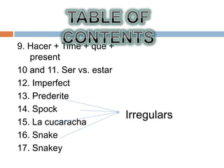 9. Hacer + Time + que +
   present
10 and 11. Ser vs. estar
12. Imperfect
13. Prederite
14. Spock
                           Irregulars
15. La cucaracha
16. Snake
17. Snakey
 