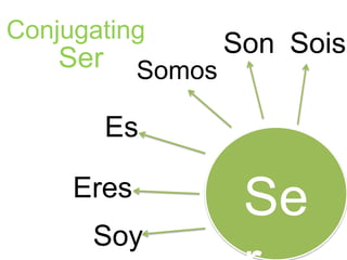 Conjugating
    Ser             Son Sois
            Somos

          Es

     Eres
                     Se
      Soy
 