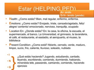 Estar (HELPINGAr- ando
                          PED)
                                            Er/ir- iendo (yendo)
• Health: ¿Como estás? Bien, mal regular, enfermo, enferma.
• Emotions: ¿Como estás? Enojado, triste, cansado/agotado, feliz/
   alegre/ contento/ emocionado, nervioso, tranquillp, ocupado
• Location En: ¿Donde estás? En: la casa, la oficina, la escuela, el
   supermercado, el banco. La Universidad, el gimnasio, la lavanderia,
   el café, el restaurante, el eastadio, el aeropuerto, el museo, la
   biblioteca
• Present Condition: ¿Como está? Abierto, cerrado, verde, maduro,
   limpoi, sucio, frio, caliente, lluvioso, soleado, nublado

 •I
          ¿Qué estás haciendo? Jugando, estudiando, cantado,
 •N

 •G   }   leyendo, escribiendo, comiendo, durmiendo, habiando,
          mirandola tele, paseando, camiando, comiendo, haciendo
          ejercisio
 