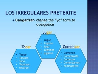  Car/gar/zar-   change the “yo” form to
                 que/gue/ce

                       Jugar
                   •   Jugue
                   •   Jugaste
       Tocar       •   Jugo          Comenzar
                   •   Jugamos
                   •   jugaron   •   Comence
  •   Toque
                                 •   Comenzaste
  •   Tocaste
                                 •   Comenzo
  •   Toco
                                 •   Comenzamos
  •   Tocamos
                                 •   comenzaron
  •   tocaron
 