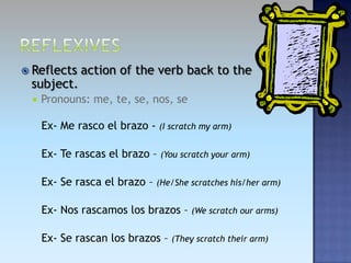  Reflects    action of the verb back to the
 subject.
     Pronouns: me, te, se, nos, se

      Ex- Me rasco el brazo -   (I scratch my arm)


      Ex- Te rascas el brazo – (You scratch your arm)

      Ex- Se rasca el brazo – (He/She scratches his/her arm)

      Ex- Nos rascamos los brazos – (We scratch our arms)

      Ex- Se rascan los brazos – (They scratch their arm)
 