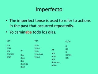 Imperfecto
• The imperfect tense is used to refer to actions
  in the past that occurred repeatedly.
• Yo caminaba todo los días.
Ser-              Ver-               Er/Ir-
era               veía               ía
eras              veías              ías
         Ir-                Ar-
era               veía               ía
éramos            veíamos   aba
         iba                         íamos
eran              veían     abas
         ibas                        ían
                            aba
         iba
                            ábamos
         íbamos
                            aban
         iban
 