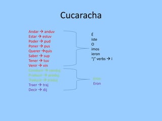 Cucaracha
Andar  anduv
Estar  estuv         É
Poder  pud           iste
Poner  pus           O
Querer quis          imos
Saber  sup           ieron
Tener  tuv           “j” verbs  i
Venir  vin
Conducir  conduj
Producir  produj
Traducir  traduj      Eron
Traer  traj           Eron
Decir  dij
 