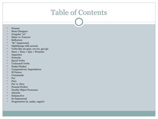 Table of Contents
   Present
   Stem Changers
   Irregular “yo”
   Saber vs. Conocer
   Reflexives
   “Se” Impersonal
   Diphthongs with accents
   Verbs like uir/guir, cer/cir, ger/gir
   Hace + Time + Que + Presente
   Imperfect
   Preterite
   Spock Verbs
   Cockroach Verbs
   Snake/Snakey
   Comparatives/ Superlatives
   El Futuro
   Commands
   Por
   Para
   Por vs. Para
   Present Perfect
   Double Object Pronouns
   Adverbs
   Subjunctive
   Se Impersonal
   Progressives (ir, andar, seguir)
 