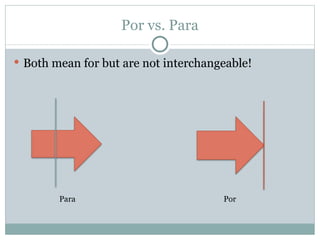 Por vs. Para

 Both mean for but are not interchangeable!




        Para                          Por
 