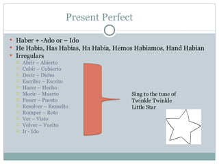 Present Perfect

 Haber + -Ado or – Ido
 He Habia, Has Habias, Ha Habia, Hemos Habiamos, Hand Habian
 Irregulars
   Abrir – Abierto
   Cubir – Cubierto
   Decir – Dicho
   Escribir – Escrito
   Hacer – Hecho
   Morir – Muerto                     Sing to the tune of
   Poner – Puesto                     Twinkle Twinkle
   Resolver – Resuelto                Little Star
   Romper – Roto
   Ver – Visto
   Volver – Vuelto
   Ir - Ido
 