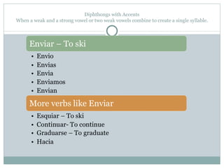 Diphthongs with Accents
When a weak and a strong vowel or two weak vowels combine to create a single syllable.
 