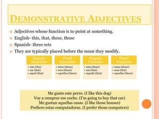DEMONSTRATIVE ADJECTIVES
   Adjectives whose function is to point at something.
   English- this, that, these, those
   Spanish- three sets
   They are typically placed before the noun they modify.
             Singular         Plural               Singular            Plural
             Masculine       Masculine             Feminine           Feminine
          • este (this)    • estos (these)      • esta (these)     • estas (those)
          • ese (that)     • esos (those)       • esa (that)       • esas (that)
          • aquel (that)   • aquellos (those)   • aquella (that)   • aquellas (those)




                      Me gusto este perro. (I like this dog)
              Voy a comprar ese coche. (I’m going to buy that car)
                 Me gustan aquellas casas. (I like those houses)
            Prefiero estas computadoras. (I prefer those computers)
 