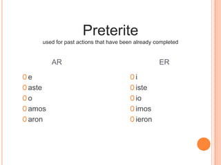 Preterite
         used for past actions that have been already completed


            AR                                         ER

0e                                         0i
0 aste                                     0 iste
0o                                         0 io
0 amos                                     0 imos
0 aron                                     0 ieron
 