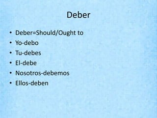 Deber
•   Deber=Should/Ought to
•   Yo-debo
•   Tu-debes
•   El-debe
•   Nosotros-debemos
•   Ellos-deben
 