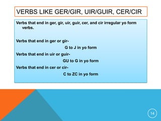 VERBS LIKE GER/GIR, UIR/GUIR, CER/CIR
Verbs that end in ger, gir, uir, guir, cer, and cir irregular yo form
   verbs.


Verbs that end in ger or gir-
                           G to J in yo form
Verbs that end in uir or guir-
                          GU to G in yo form
Verbs that end in cer or cir-
                           C to ZC in yo form




                                                                        14
 