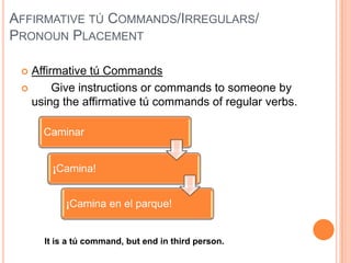 AFFIRMATIVE TÚ COMMANDS/IRREGULARS/
PRONOUN PLACEMENT

  Affirmative tú Commands
       Give instructions or commands to someone by
   using the affirmative tú commands of regular verbs.

     Caminar


       ¡Camina!


          ¡Camina en el parque!


     It is a tú command, but end in third person.
 