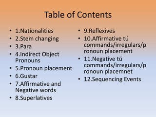 Table of Contents
•   1.Nationalities       • 9.Reflexives
•   2.Stem changing       • 10.Affirmative tú
•   3.Para                  commands/irregulars/p
•   4.Indirect Object       ronoun placement
    Pronouns              • 11.Negative tú
•   5.Pronoun placement     commands/irregulars/p
                            ronoun placemnet
•   6.Gustar              • 12.Sequencing Events
•   7.Affirmative and
    Negative words
•   8.Superlatives
 