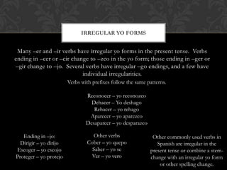 IRREGULAR YO FORMS


 Many –er and –ir verbs have irregular yo forms in the present tense. Verbs
ending in –cer or –cir change to –zco in the yo form; those ending in –ger or
–gir change to –jo. Several verbs have irregular –go endings, and a few have
                           individual irregularities.
                        Verbs with prefixes follow the same patterns.

                                Reconocer – yo reconozco
                                  Dehacer – Yo deshago
                                   Rehacer – yo rehago
                                 Aparecer – yo aparezco
                                Desaparcer – yo desparazco

   Ending in –jo:                  Other verbs                Other commonly used verbs in
  Dirigir – yo dirijo            Cober – yo quepo               Spanish are irregular in the
Escoger – yo escojo                Saber – yo se             present tense or combine a stem-
Proteger – yo protejo             Ver – yo vero              change with an irregular yo form
                                                                 or other spelling change.
 