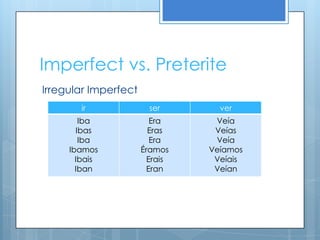 Imperfect vs. Preterite
Irregular Imperfect
       ir               ser       ver
        Iba              Era     Veía
       Ibas             Eras     Veías
        Iba              Era     Veía
     Ibamos           Éramos    Veíamos
       Ibais            Erais    Veíais
       Iban             Eran     Veían
 
