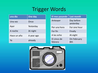 Trigger Words
una dia       One day      El mes pasando Last month

Una vez       Once         Anteayer       Day before
                                          yesterday
Ayer          Yestarday    Por una hora   For one hour
A noche       At night     For fin        Finally
Hace un año   A year ago   A las ocho     At eight
                           El cinco de    On February
Ya            already
                           febrero        8th
 