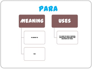 Para
Meaning                 Uses

                        It is used to imply purpose,
   In order to          indications, directions, and
                              recipients of items.




      For
 