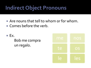  Are nouns that tell to whom or for whom.
 Comes before the verb.
 Ex.
Bob me compra
un regalo.
le
te
me
les
os
nos
 
