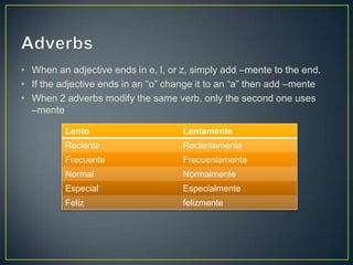 • When an adjective ends in e, l, or z, simply add –mente to the end.
• If the adjective ends in an “o” change it to an “a” then add –mente
• When 2 adverbs modify the same verb, only the second one uses
–mente
Lento Lentamente
Reciente Recientemente
Frecuente Frecuentemente
Normal Normalmente
Especial Especialmente
Feliz felizmente
 