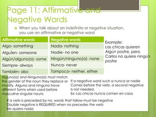 Page 11: Affirmative and 
Negative Words 
 When you talk about an indefinite or negative situation, 
you use an affirmative or negative word 
Affirmative words 
Algo- something 
AlguÍen- someone 
Algún/alguno(a)- some 
Siempre- always 
También- also 
Negative words 
Nada- nothing 
Nadie- no one 
Ningún/ninguno(a)- none 
Nunca- never 
Tampoco- neither, either 
Example: 
Las chicas quieren 
Algún postre, pero 
Carlos no quiere ningún 
postre 
Alguno(a) and Ninguno(a) must match 
the gender of the noun they replace or 
modify. Alguno and ninguno have 
different forms when used before 
masculine singular nouns 
If a negative word such a nunca or nadie 
Comes before the verb, a second negative 
Is not needed. 
Ex: Las chicas nunca comen en casa 
If a verb is preceded by no, words that follow must be negative 
Double negative is REQUIRED when no precedes the verb 
No quiero nada 
 