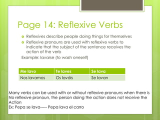 Page 14: Reflexive Verbs 
 Reflexives describe people doing things for themselves 
 Reflexive pronouns are used with reflexive verbs to 
indicate that the subject of the sentence receives the 
action of the verb 
Example: lavarse (to wash oneself) 
Me lavo Te laves Se lava 
Nos lavamos Os laváis Se lavan 
Many verbs can be used with or without reflexive pronouns when there is 
No reflexive pronoun, the person doing the action does not receive the 
Action 
Ex: Pepa se lava----- Pepa lava el carro 
 