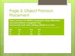 Page 5: Object Pronoun 
Placement 
Attach pronoun to infinitive progressive tense affirmative 
command before conjugated verb 
Add accent mark when adding syllable to a word 
---------------------------------------------------------------- 
Me me nos nos 
Te te os os 
Lo la les las 
 