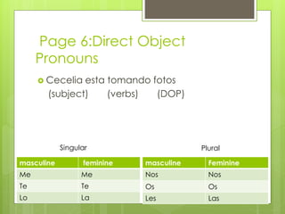 Page 6:Direct Object 
Pronouns 
 Cecelia esta tomando fotos 
(subject) (verbs) (DOP) 
Singular Plural 
masculine feminine 
Me Me 
Te Te 
Lo La 
masculine Feminine 
Nos Nos 
Os Os 
Les Las 
 