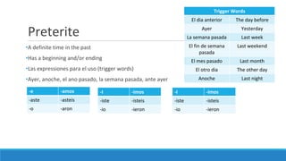 Preterite
•A definite time in the past
•Has a beginning and/or ending
•Las expressiones para el uso (trigger words)
•Ayer, anoche, el ano pasado, la semana pasada, ante ayer
-e -amos
-aste -asteis
-o -aron
-I -imos
-iste -isteis
-io -ieron
-I -imos
-iste -isteis
-io -ieron
Trigger Words
El dia anterior The day before
Ayer Yesterday
La semana pasada Last week
El fin de semana
pasada
Last weekend
El mes pasado Last month
El otro dia The other day
Anoche Last night
 