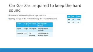 Car Gar Zar: required to keep the hard
sound
•Preterite of verbs ending in –car, -gar, and –zar
•Spelling change in the yo form to keep the sound of the verb
-car yo -que
-gar yo -gue
-zar yo -ce
Sacar C-qu Yo saque Yo saque la
basura.
Pagar G-gu Yo pague Yo pague dos
dolares.
Empezar Z-c Yo
empece
Yo empece un
trabajo nuevo.
 