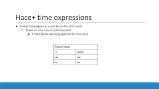 Hace+ time expressions
● Hace+ time+que+ present tense for of th verb
○ Hace un ano que estudio espanol.
■ I have been studying spanish for one year.
Present Tense
-o -amos
-as -ais
-a -an
 