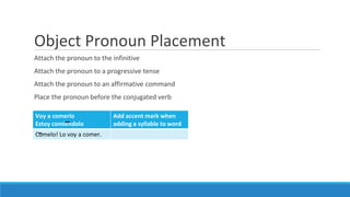 Object Pronoun Placement
Attach the pronoun to the infinitive
Attach the pronoun to a progressive tense
Attach the pronoun to an affirmative command
Place the pronoun before the conjugated verb
Voy a comerlo
Estoy comiendolo
Add accent mark when
adding a syllable to word
Comelo! Lo voy a comer.
 