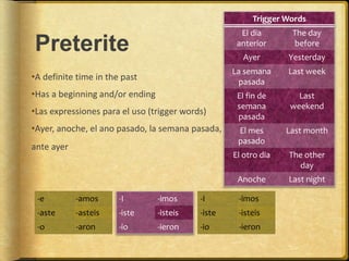 Preterite
•A definite time in the past
•Has a beginning and/or ending
•Las expressiones para el uso (trigger words)
•Ayer, anoche, el ano pasado, la semana pasada,
ante ayer
-e -amos
-aste -asteis
-o -aron
-I -imos
-iste -isteis
-io -ieron
-I -imos
-iste -isteis
-io -ieron
Trigger Words
El dia
anterior
The day
before
Ayer Yesterday
La semana
pasada
Last week
El fin de
semana
pasada
Last
weekend
El mes
pasado
Last month
El otro dia The other
day
Anoche Last night
 