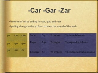 -Car -Gar -Zar
•Preterite of verbs ending in –car, -gar, and –zar
•Spelling change in the yo form to keep the sound of the verb
yo -car -que
yo -gar -gue
yo -zar -ce
Sacar C-qu Yo saque Yo saque la basura.
Pagar G-gu Yo pague Yo pague dos dolares.
Empezar Z-c Yo empece Yo empece un trabajo nuevo.
 