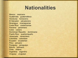 Nationalities
Mexico: mexicano
Guatemala: guatemalteca
Honduras: hondureno
El Salvador: salvadoreno
Nicaragua: nicaraguense
Costa Rica: costarricense
Panama: panameno
Cuba: cubano
Dominican Republic: dominicana
Puerto Rico: puertorriqueño
Venezuela: venezolano
Colombia: colombian
Ecuador: ecuadorian
Peru: peruano
Paraguay: paraguayo
Bolivia: boliviano
Chile: chileno
Argentina: argentino
Uruguay: uruguayo
 