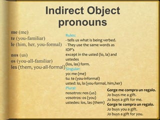 Indirect Object
pronouns
me (me)
te (you-familiar)
le (him, her, you-formal)
nos (us)
os (you-all-familiar)
les (them, you-all-formal)
Rules:
- tells us what is being verbed.
- They use the same words as
IOP’s
except in the usted (lo, la) and
ustedes
(los, las) form.
Singular:
yo: me (me)
tu: te (you-informal)
usted: lo, la (you-formal, him,her)
Plural:
nosotros: nos (us)
vosotros: os (you)
ustedes: los, las (them)
Gorge me compra un regalo.
Jo buys me a gift.
Jo buys a gift for me.
Gorge te compra un regalo.
Jo buys you a gift.
Jo buys a gift for you.
 