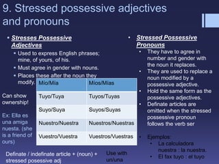 9. Stressed possessive adjectives
and pronouns
 Stresses Possessive
Adjectives
 Used to express English phrases;
mine, of yours, of his.
 Must agree in gender with nouns.
 Places these after the noun they
modify.
• Stressed Possessive
Pronouns
• They have to agree in
number and gender with
the noun it replaces.
• They are used to replace a
noun modified by a
possessive adjective.
• Hold the same form as the
possessive adjectives.
• Definate articles are
omitted when the stressed
possessive pronoun
follows the verb ser
• Ejemplos:
• La calculadora
nuestra : la nuestra.
• El fax tuyo : el tuyo
Mío/Mía Míos/Mías
Tuyo/Tuya Tuyos/Tuyas
Suyo/Suya Suyos/Suyas
Nuestro/Nuestra Nuestros/Nuestras
Vuestro/Vuestra Vuestros/Vuestras
Definate / indefinate article + (noun) +
stressed posessive adj
Can show
ownership!
Ex: Ella es
una amiga
nuesta. (she
is a friend of
ours)
Use with
un/una
 