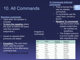 10. All Commands
Nosotros commands:
• Used when the speaker is
included.
• To form the negative; place
the word no before the same
verb form (present
subjunctive.)
• Accent is required when
pronouns are added.
• Exception: The verb ir(se)
which uses the present
indicative for the affermative
command only.
• No vayamos a la tienda.
Tu Commands (Informal
commands)
• They’re formed the same
way as ustedes
commands.
• Tu commands use the
‘used’ form, not the tu
form!!!
• Negative Tu commands
• Use the tu form of the
present subjunctive.
• No cuentes tus
beneficios.
• The Subject pronoun
tu is not usually used
with imperative form
Irregular tu
commands
 