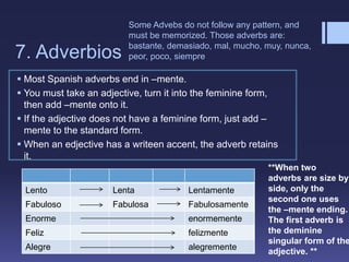 7. Adverbios
 Most Spanish adverbs end in –mente.
 You must take an adjective, turn it into the feminine form,
then add –mente onto it.
 If the adjective does not have a feminine form, just add –
mente to the standard form.
 When an edjective has a writeen accent, the adverb retains
it.
Lento Lenta Lentamente
Fabuloso Fabulosa Fabulosamente
Enorme enormemente
Feliz felizmente
Alegre alegremente
Some Advebs do not follow any pattern, and
must be memorized. Those adverbs are:
bastante, demasiado, mal, mucho, muy, nunca,
peor, poco, siempre
**When two
adverbs are size by
side, only the
second one uses
the –mente ending.
The first adverb is
the deminine
singular form of the
adjective. **
 