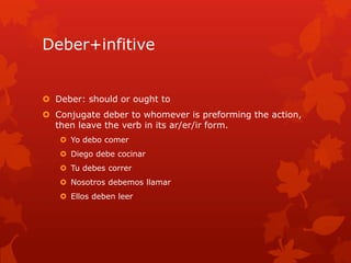 Deber+infitive


 Deber: should or ought to
 Conjugate deber to whomever is preforming the action,
  then leave the verb in its ar/er/ir form.
    Yo debo comer
    Diego debe cocinar
    Tu debes correr
    Nosotros debemos llamar
    Ellos deben leer
 