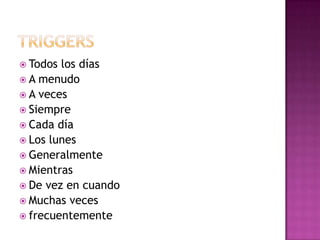  Todos los días
 A menudo
 A veces
 Siempre
 Cada día
 Los lunes
 Generalmente
 Mientras
 De vez en cuando
 Muchas veces
 frecuentemente
 