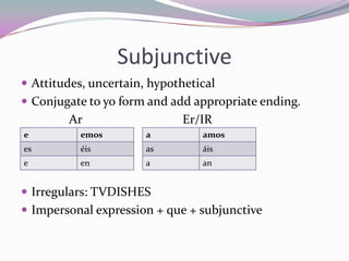 SubjunctiveAttitudes, uncertain, hypotheticalConjugate to yo form and add appropriate ending.ArEr/IRIrregulars: TVDISHESImpersonal expression + que + subjunctive