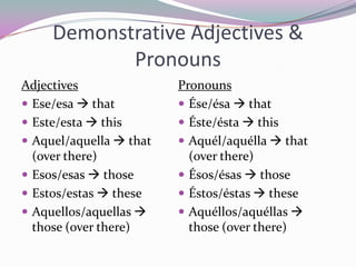 Demonstrative Adjectives & PronounsAdjectivesEse/esa thatEste/esta  thisAquel/aquella  that (over there)Esos/esas  thoseEstos/estas  theseAquellos/aquellas  those (over there)PronounsÉse/ésa thatÉste/ésta thisAquél/aquélla that (over there)Ésos/ésas thoseÉstos/éstas theseAquéllos/aquéllas those (over there)