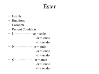 Estar
• Health
• Emotions
• Location
• Present Condition
• I --------------- -ar = ando
                       -er = iendo
                       -ir = iendo
• N --------------- -ar = ando
                       -er = iendo
                       -ir = iendo
• G --------------- -ar = ando
                       -er = iendo
                       -ir = iendo
 
