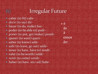    caber (to fit) cabr-
   decir (to say) dir-                +é
   hacer (to do, make) har-
                                        ás
   poder (to be able to) podr-
   poner (to put, get/make1) pondr-    á
   querer (to want) querr-             emos
   saber (to know) sabr-               án
   salir (to leave, go out) saldr-
   tener (to have, have to) tendr-
   valer (to be worth) valdr-
   venir (to come) vendr-
   haber (to have -en/-ed) habr-
 
